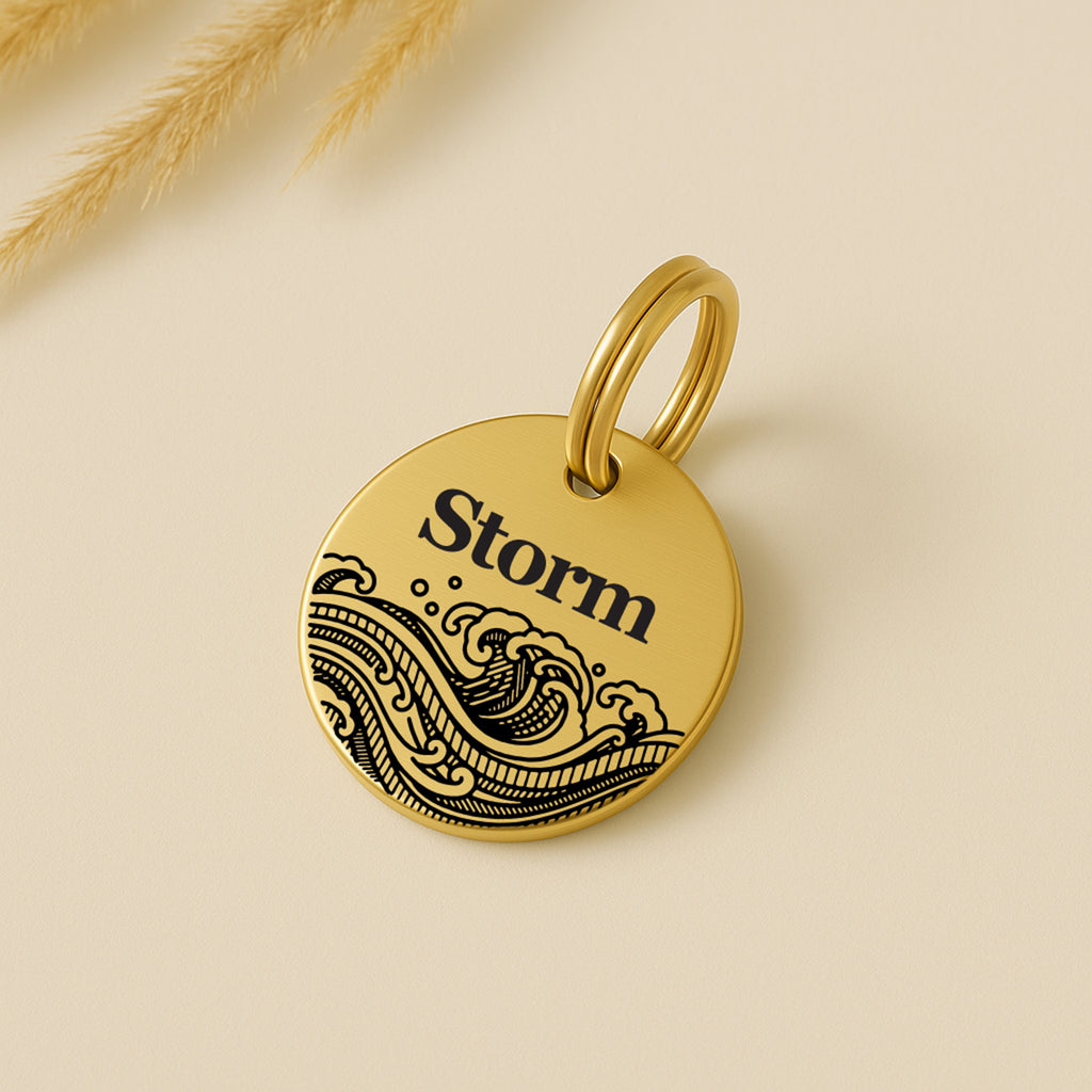 Personalised Brass Pet Tag with Ocean Waves Design