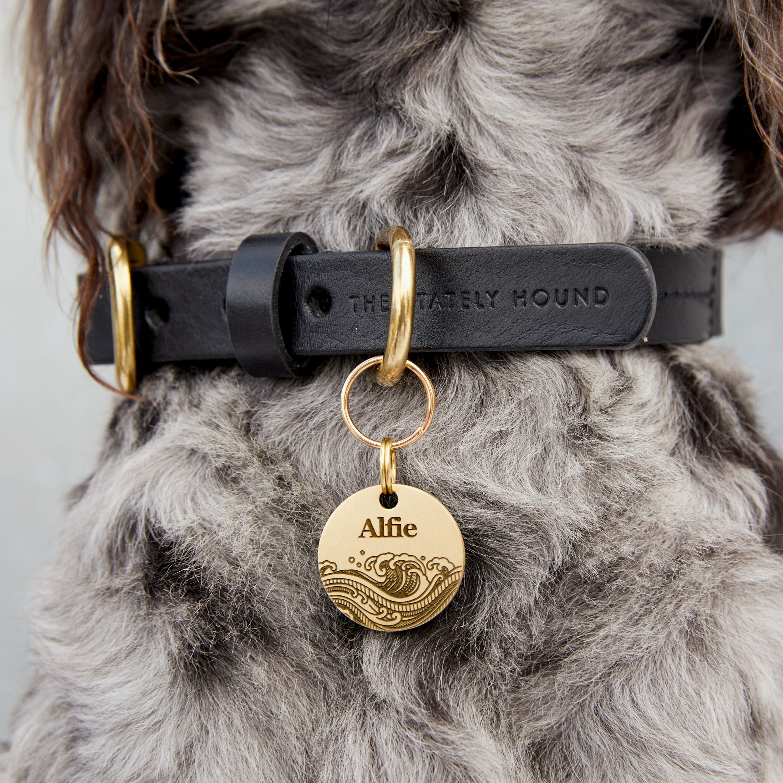 Personalised Brass Pet Tag with Ocean Waves Design The Stately Hound
