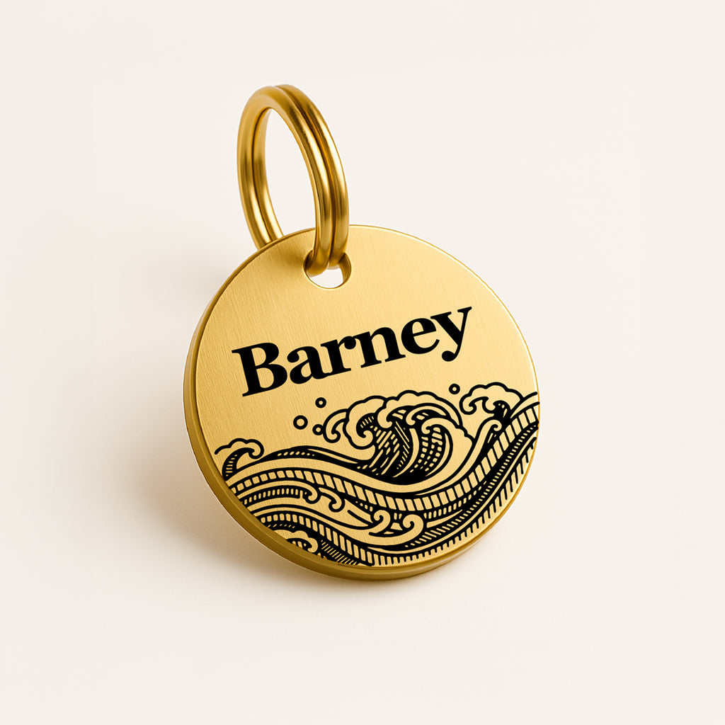 Personalised Brass Pet Tag with Ocean Waves Design