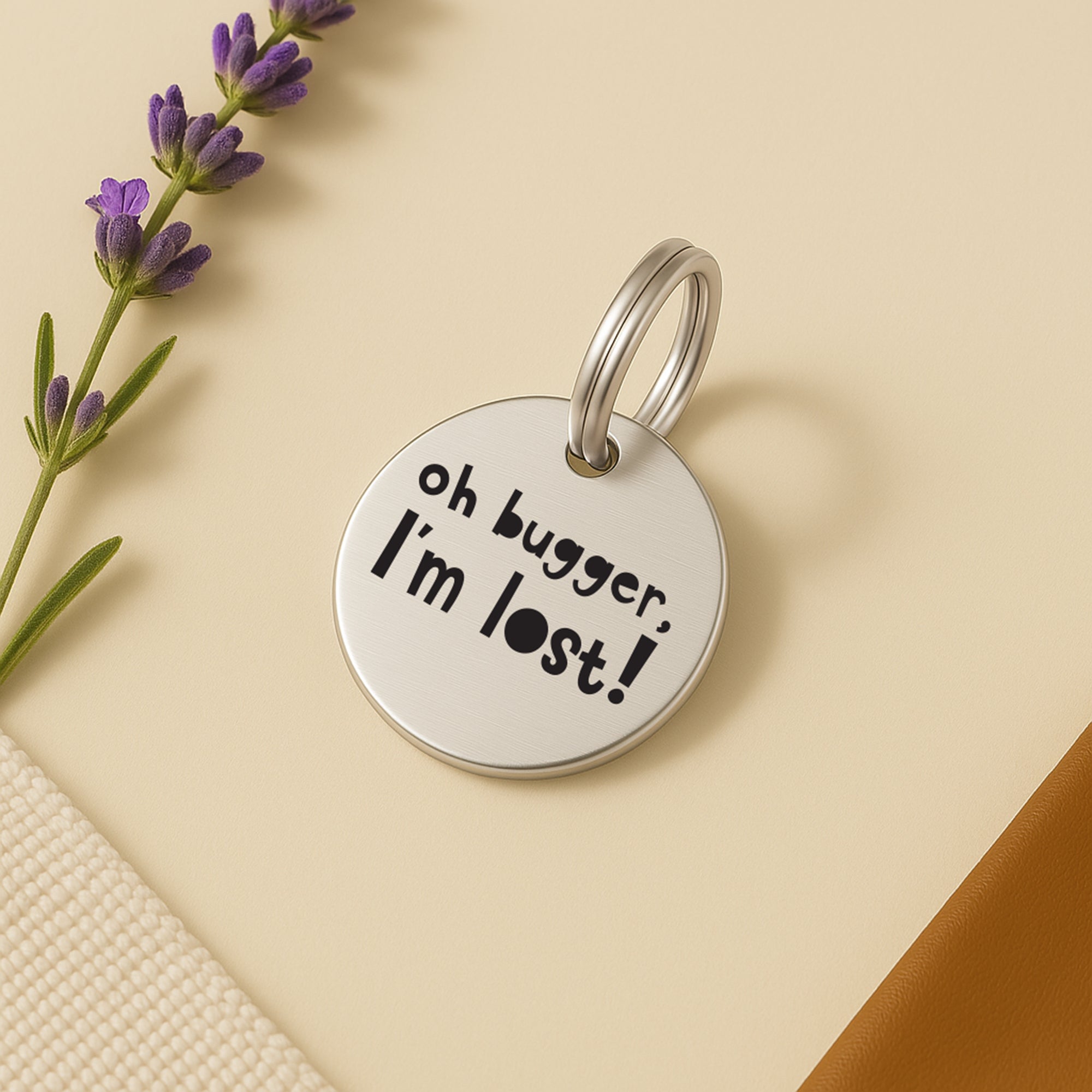 Personalised Dog ID Tag with Engraved Contact Details - Oh Bugger I'm Lost in Silver Stainless Steel