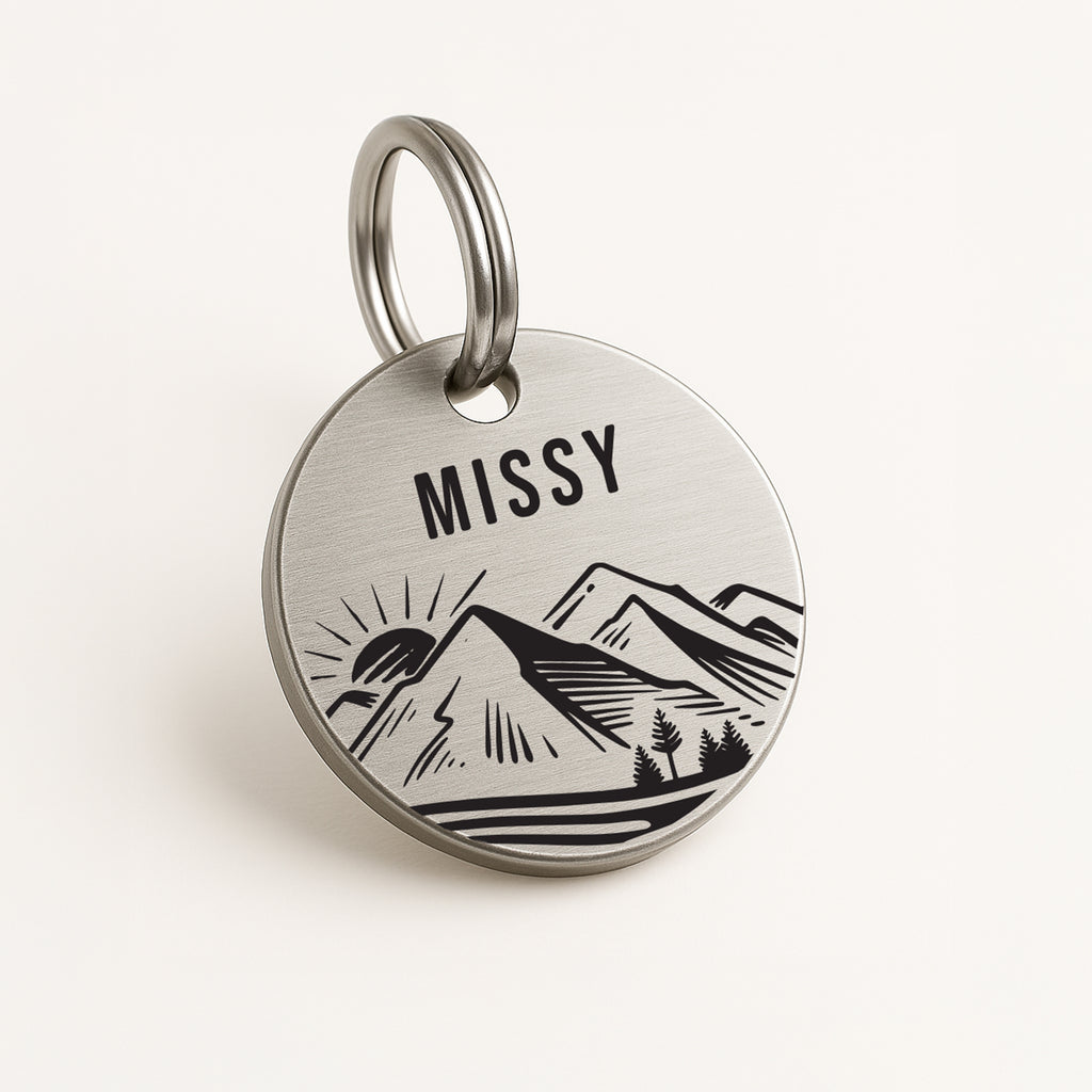 Personalised Dog Name Tag with Engraved Mountain Sunset Design in Silver Stainless Steel