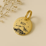 Personalised Engraved Mountain Scene Dog Name Tag in Gold Solid Brass The Stately Hound
