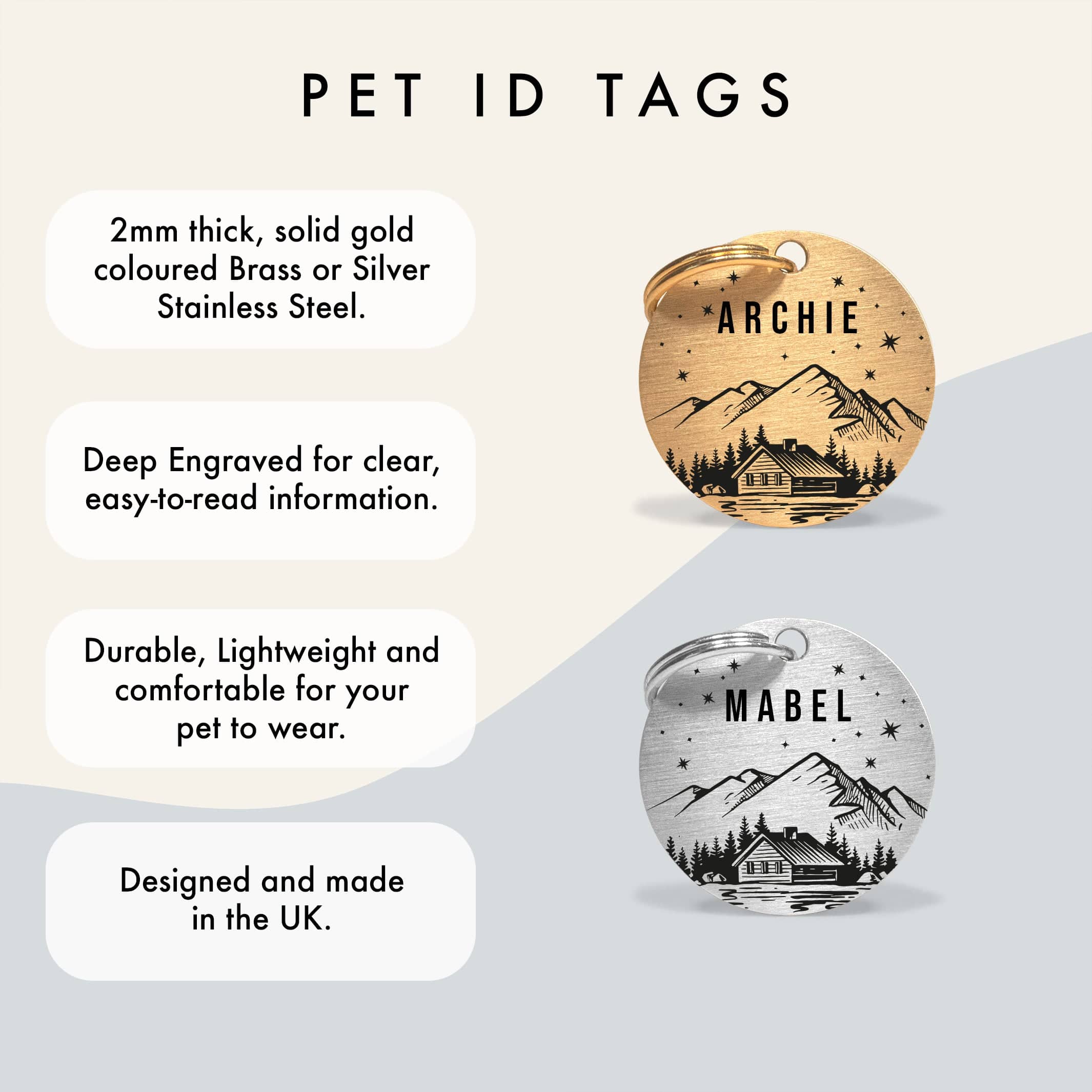 Personalised Engraved Mountain Scene Dog Name Tag in Gold Solid Brass