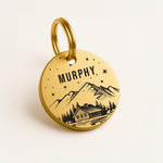 Personalised Engraved Mountain Scene Dog Name Tag in Gold Solid Brass The Stately Hound