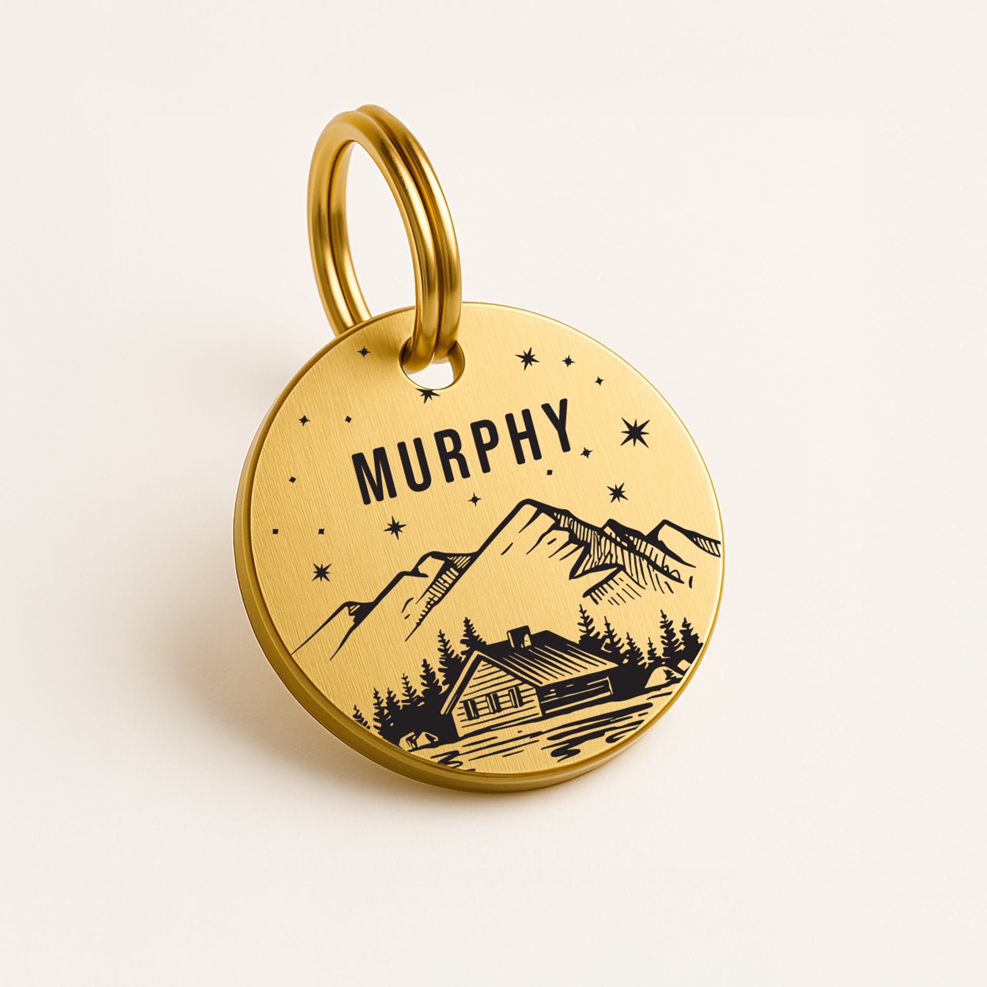 Personalised Engraved Mountain Scene Dog Name Tag in Gold Solid Brass