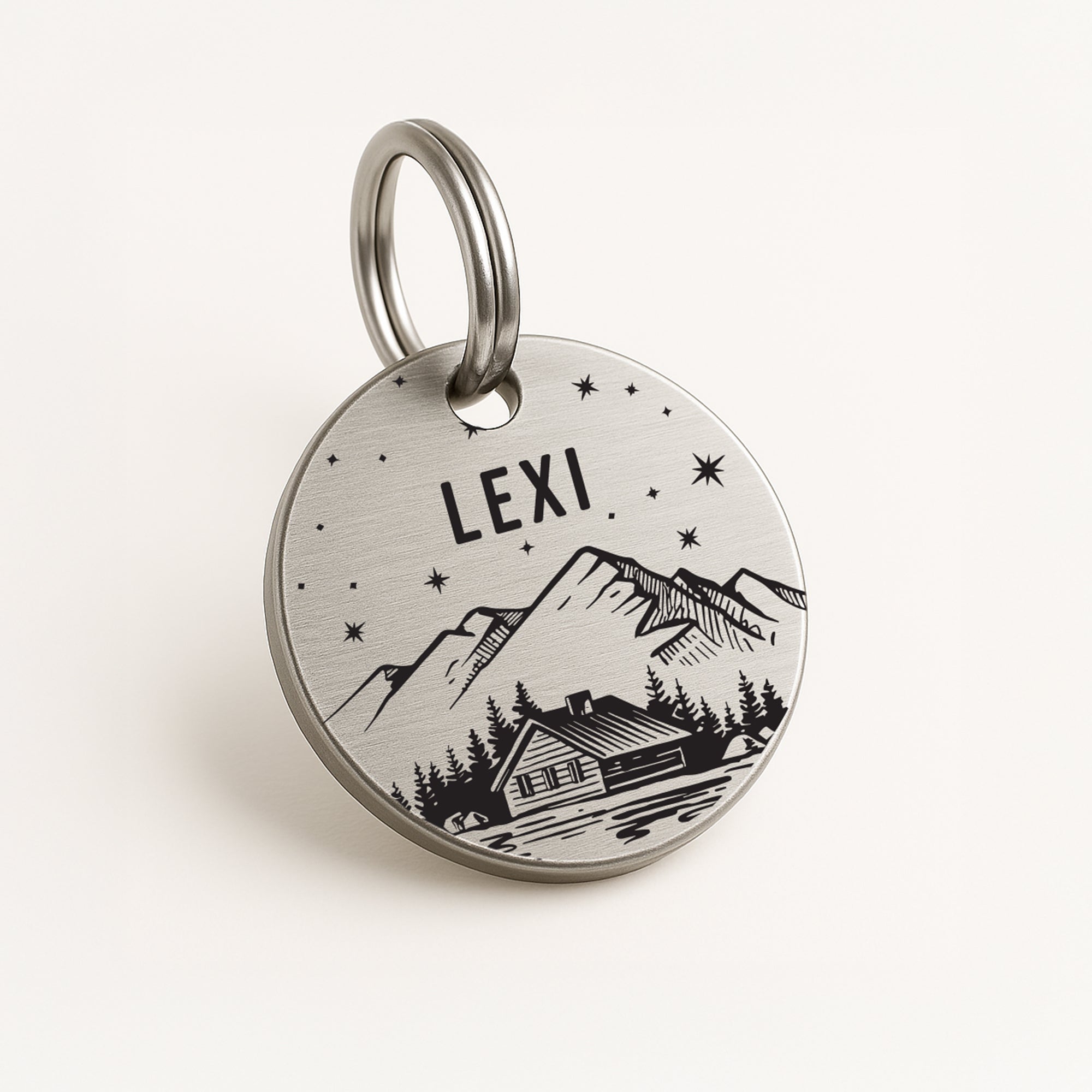 Personalised Engraved Mountain Scene Dog Name Tag in Silver Stainless Steel