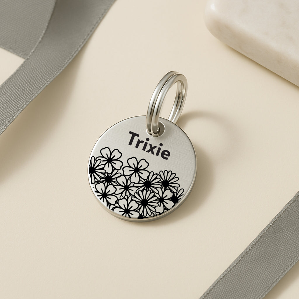 Personalised Pet Tag with Daisy Design in Silver Stainless Steel