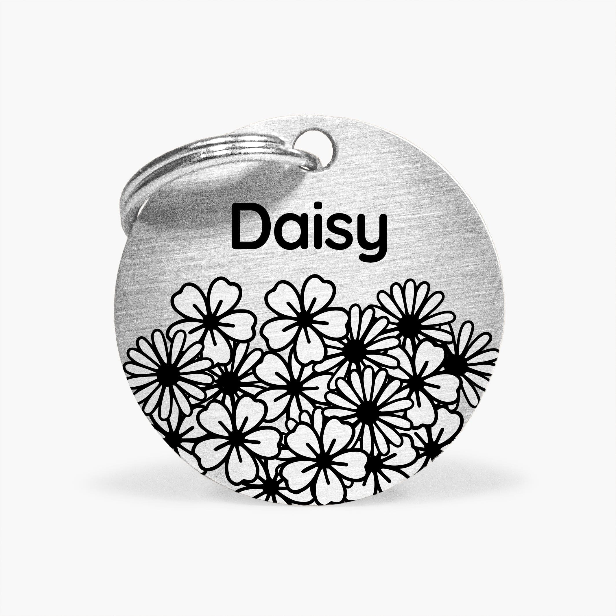Personalised Pet Tag with Daisy Design in Silver Stainless Steel