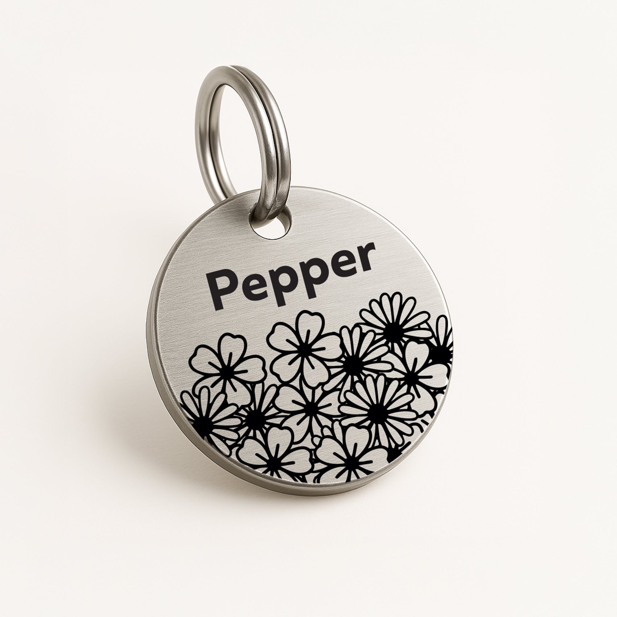 Personalised Pet Tag with Daisy Design in Silver Stainless Steel