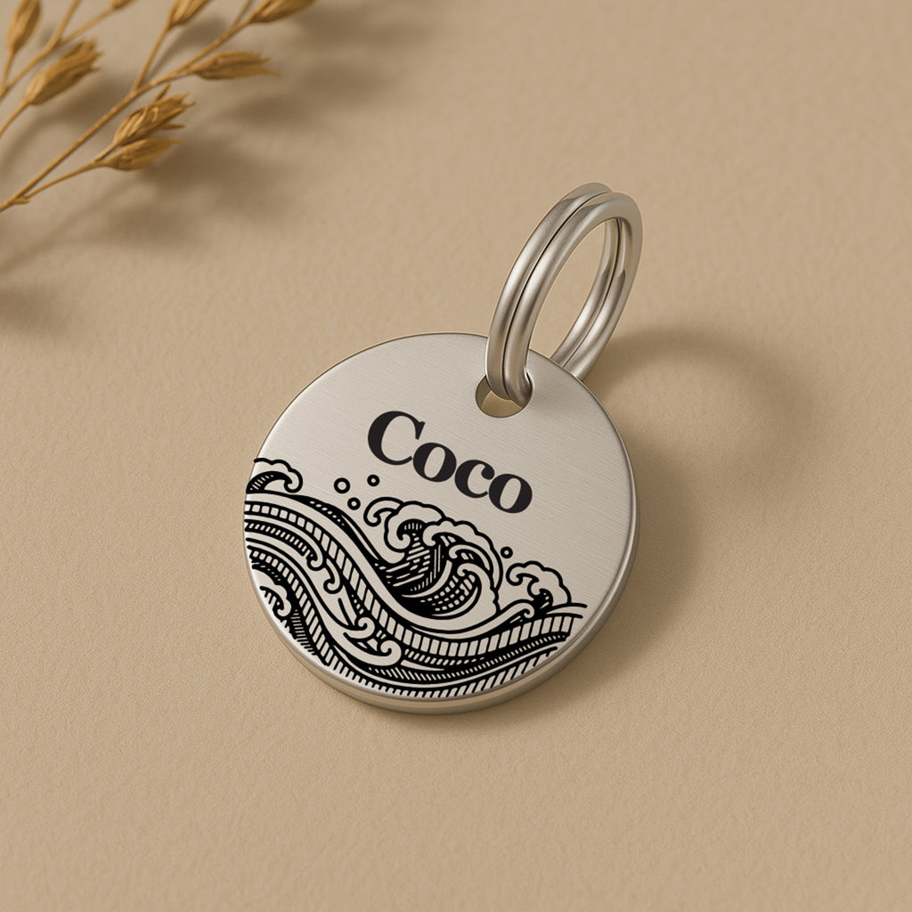 Personalised Pet Tag with Ocean Waves Design in Silver Stainless Steel