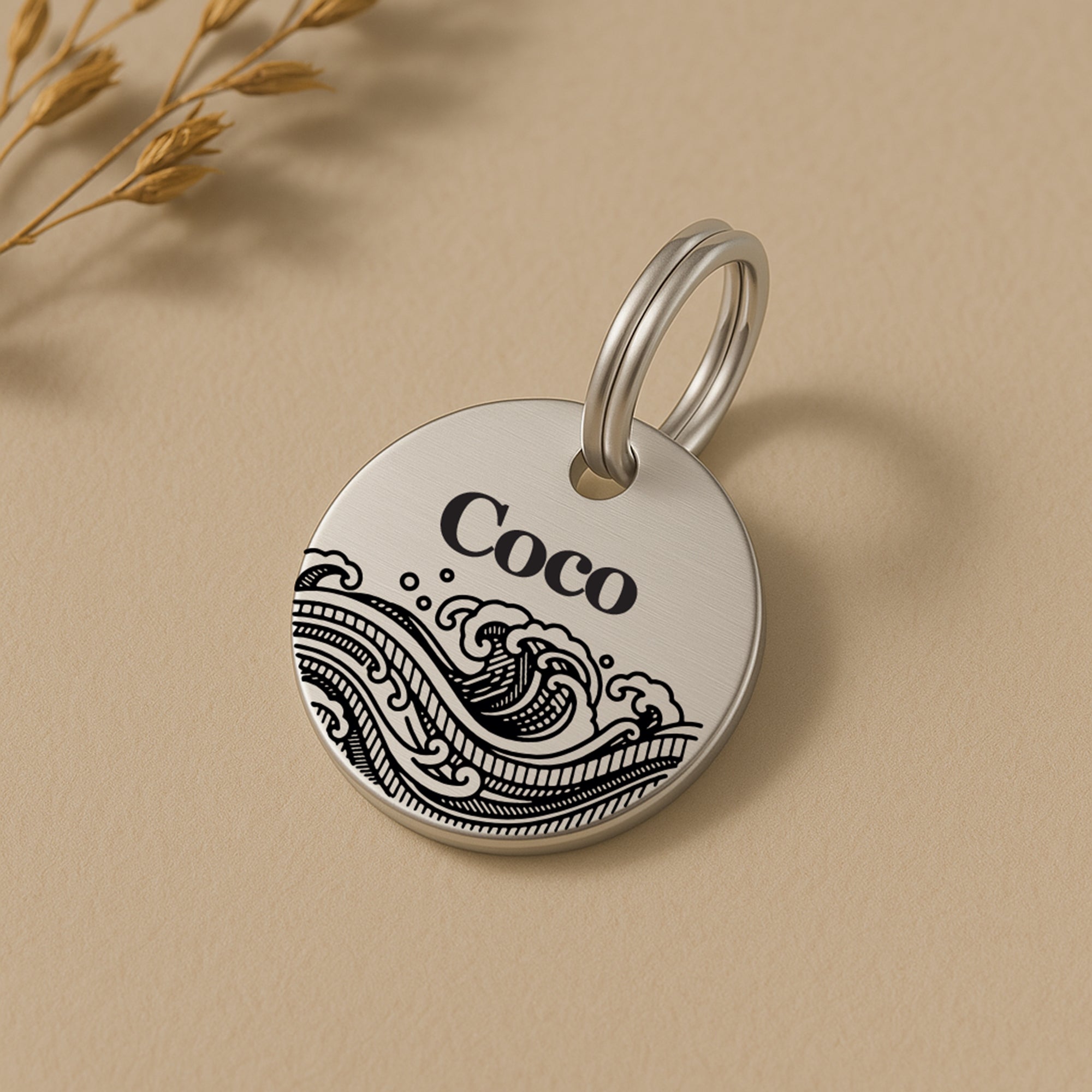 Personalised Pet Tag with Ocean Waves Design in Silver Stainless Steel