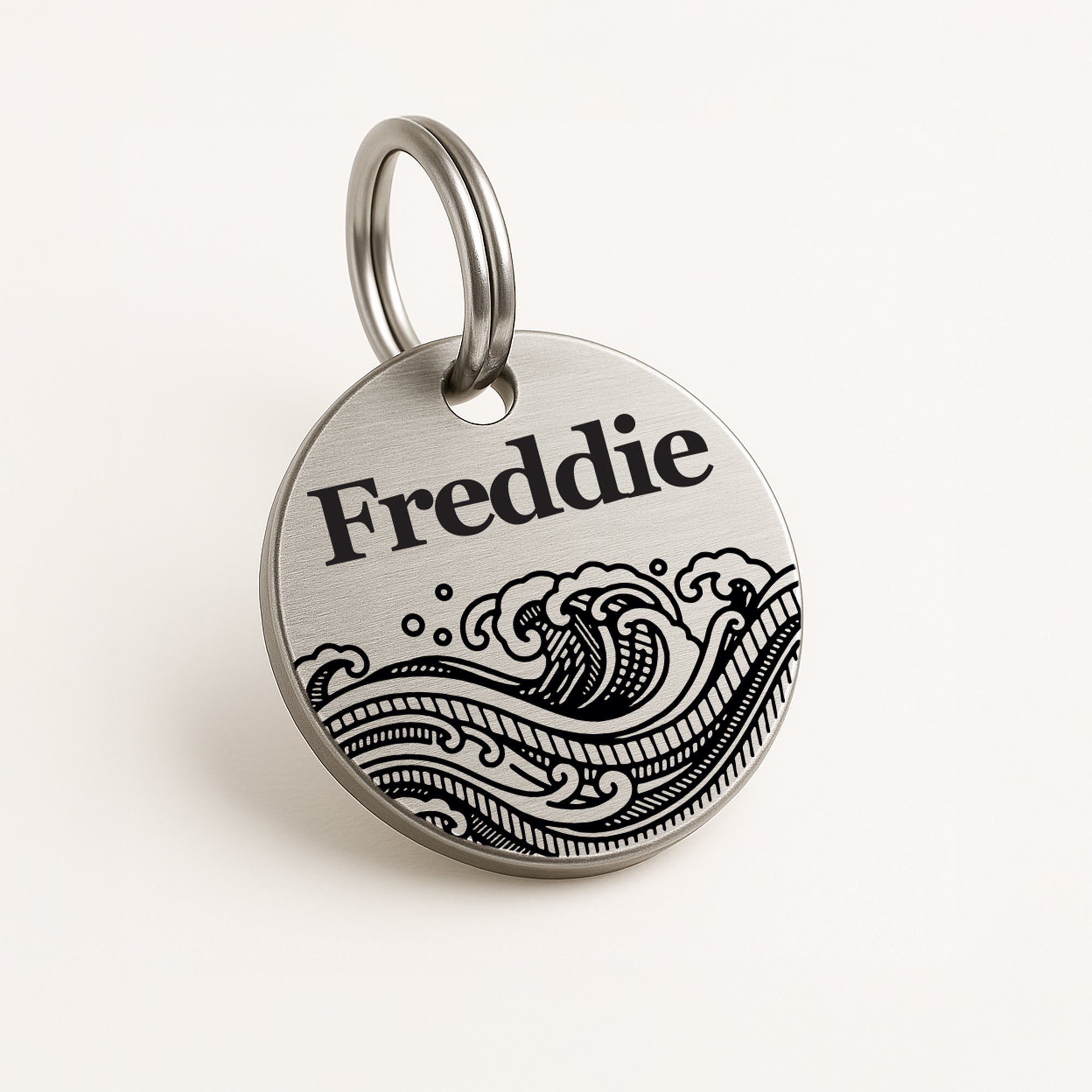 Personalised Pet Tag with Ocean Waves Design in Silver Stainless Steel