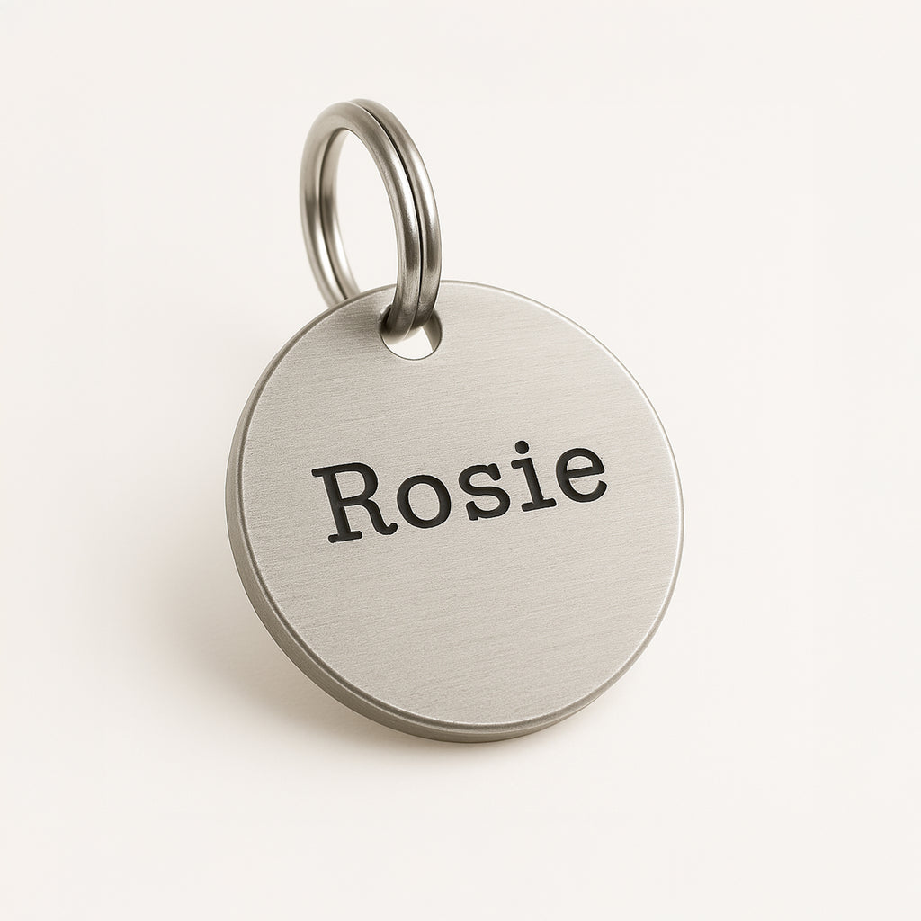 Personalised Silver ID Dog Name Tag Engraved with Typewriter Font & Bone Design in Stainless Steel