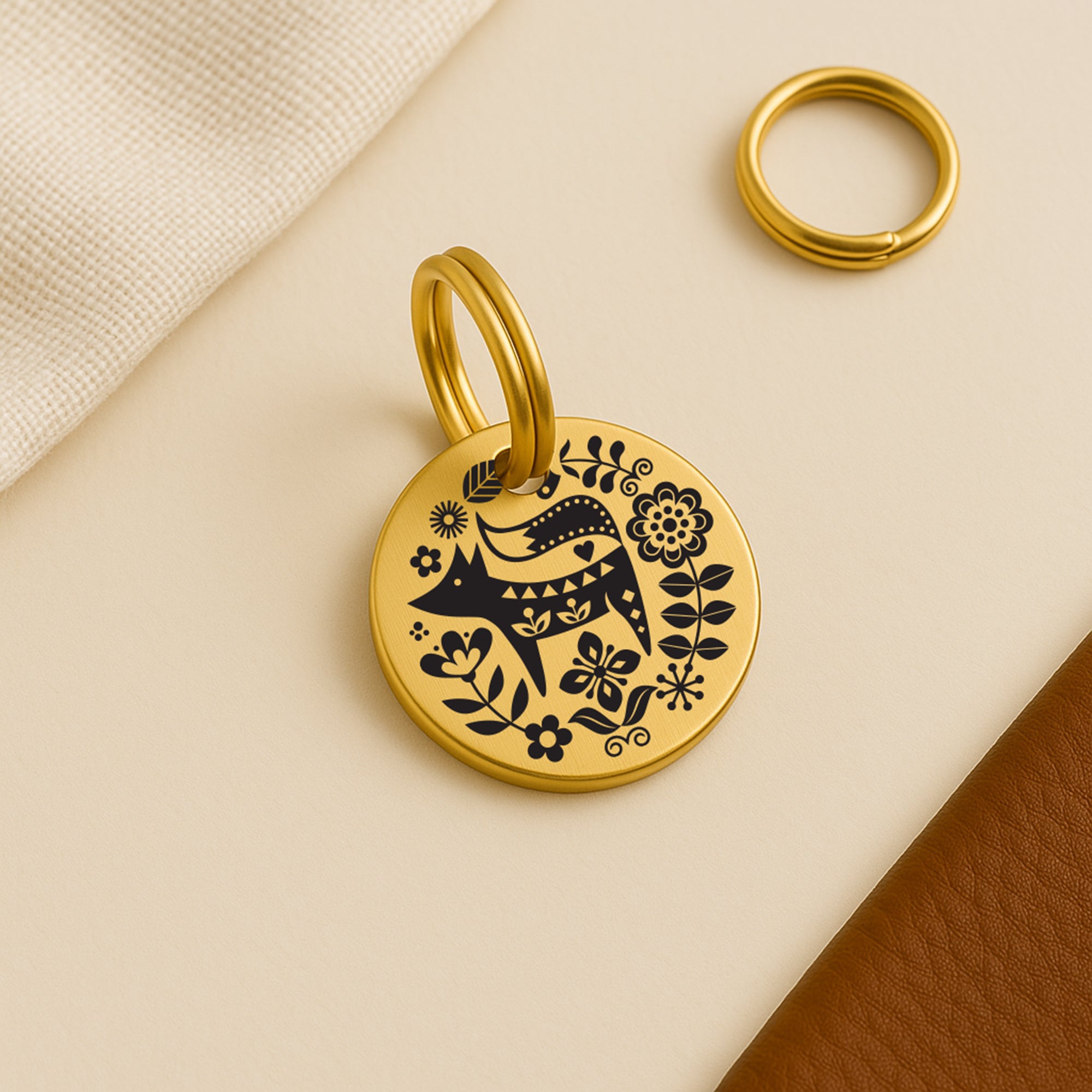 Personalized Gold-Tone Brass Dog ID Tag with Scandi Fox Design and Engraved Contact Details The Stately Hound