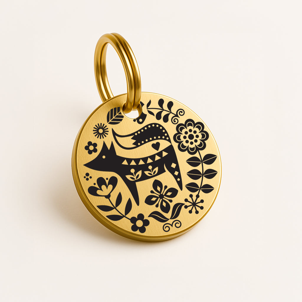 Personalized Gold-Tone Brass Dog ID Tag with Scandi Fox Design and Engraved Contact Details