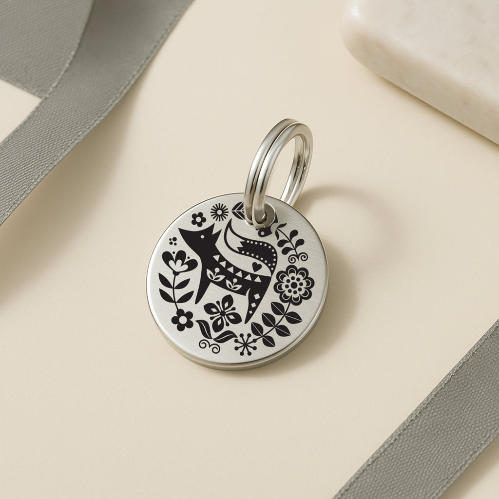 Scandi Fox Design Dog ID Tag - Personalised Silver Stainless Steel Tag with Engraved Contact Details
