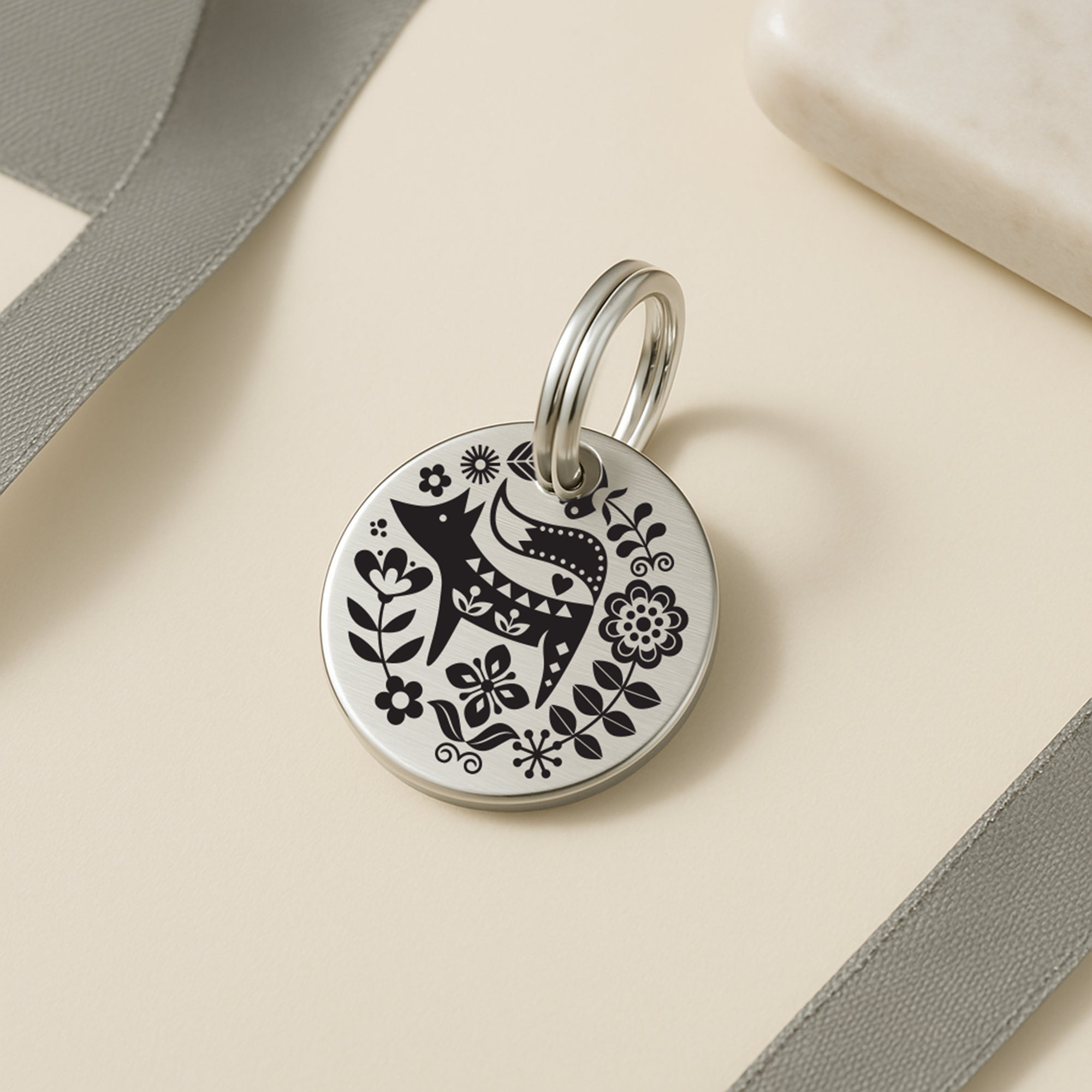 Scandi Fox Design Dog ID Tag - Personalised Silver Stainless Steel Tag with Engraved Contact Details
