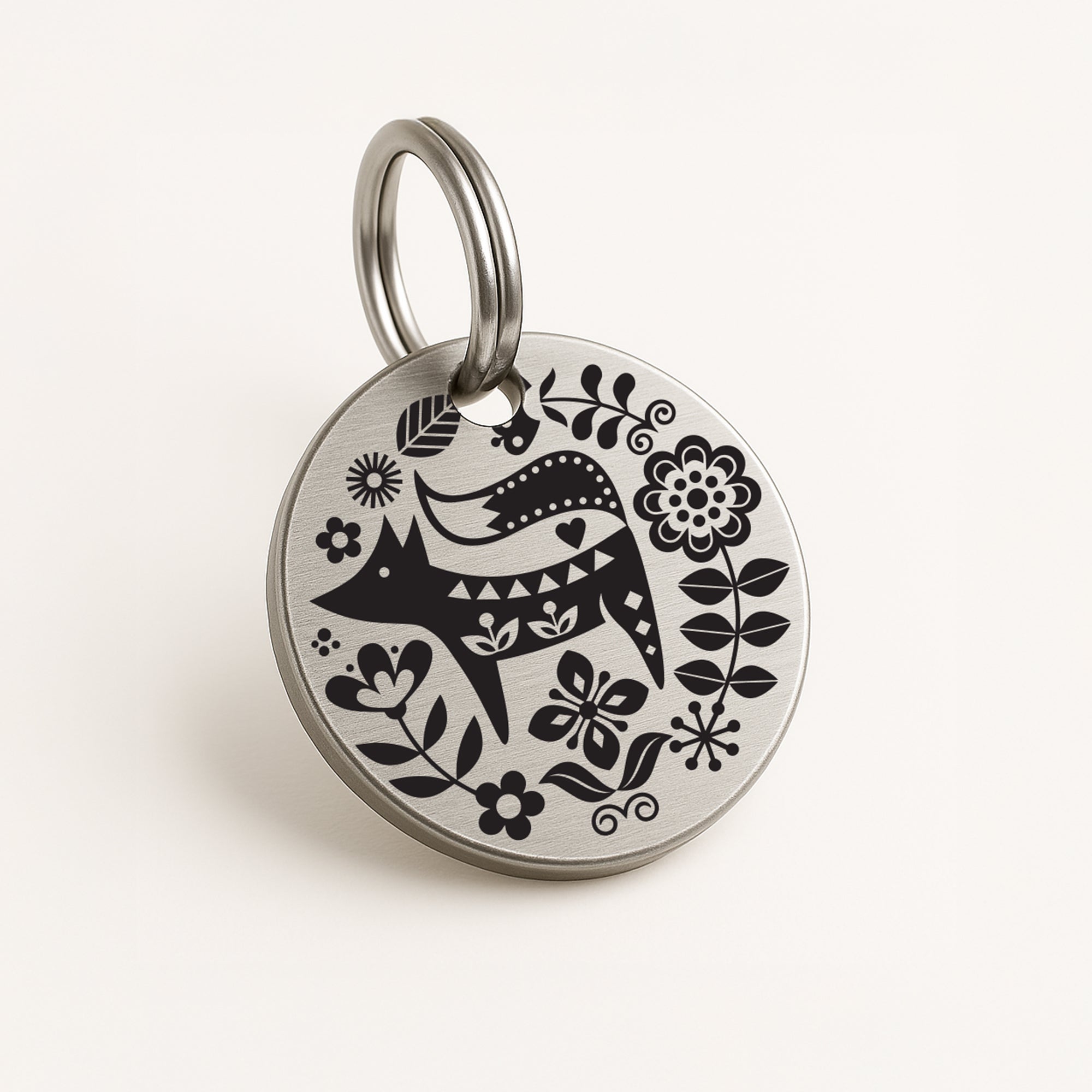 Scandi Fox Design Dog ID Tag - Personalised Silver Stainless Steel Tag with Engraved Contact Details