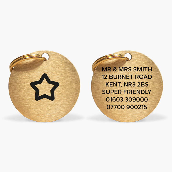 No-Name Gold Brass Dog Tag with Star Engraving & Custom Contact Info