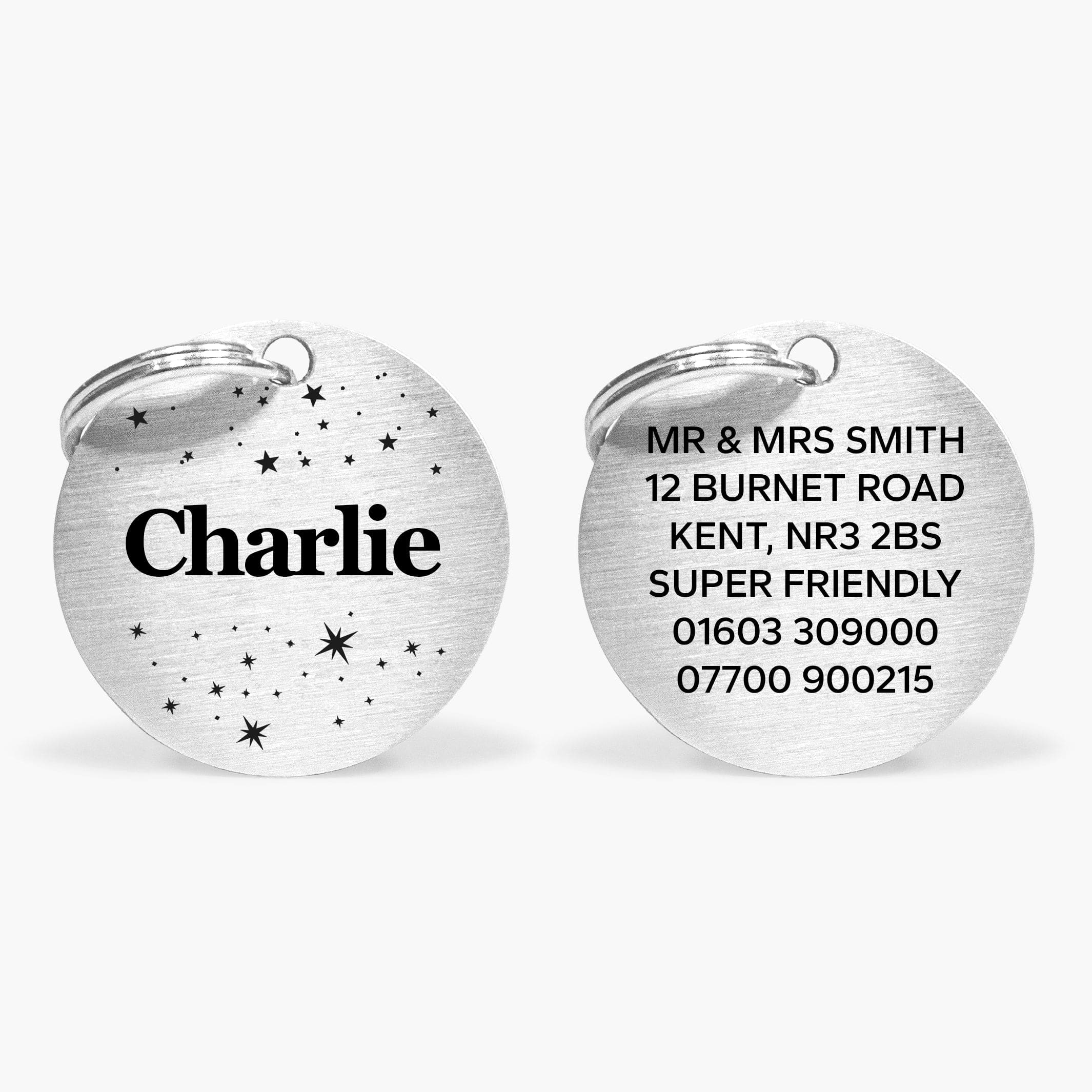 Silver Stainless Steel Personalised Dog Collar Tag with Custom Engraved Pet Name and Stars The Stately Hound