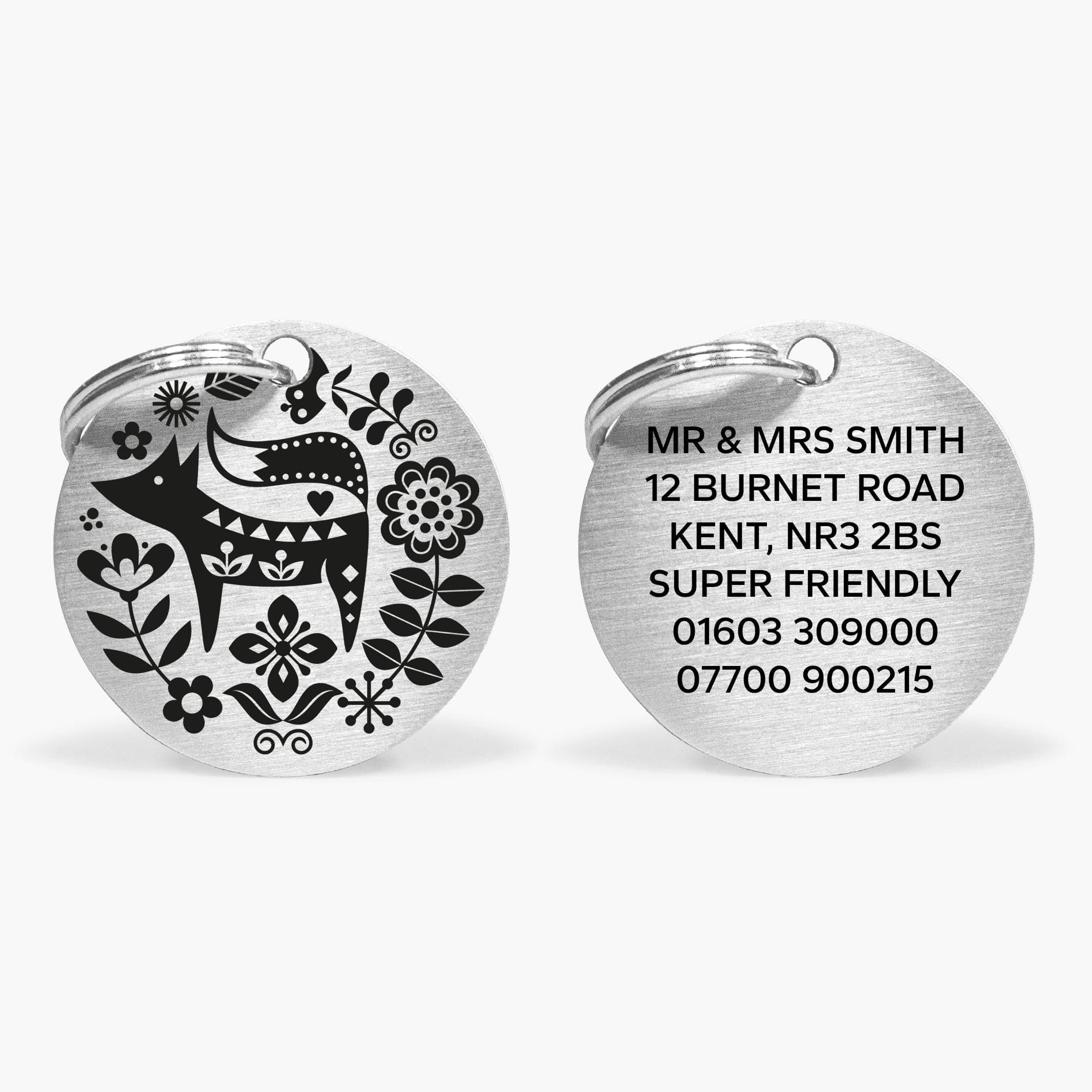 Scandi Fox Design Dog ID Tag - Personalised Silver Stainless Steel Tag with Engraved Contact Details The Stately Hound