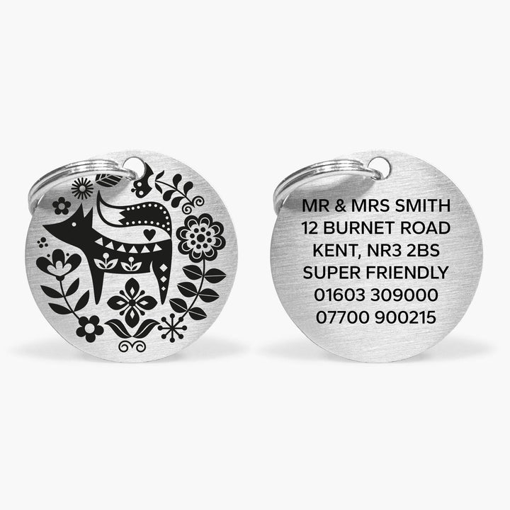 Scandi Fox Design Dog ID Tag - Personalised Silver Stainless Steel Tag with Engraved Contact Details