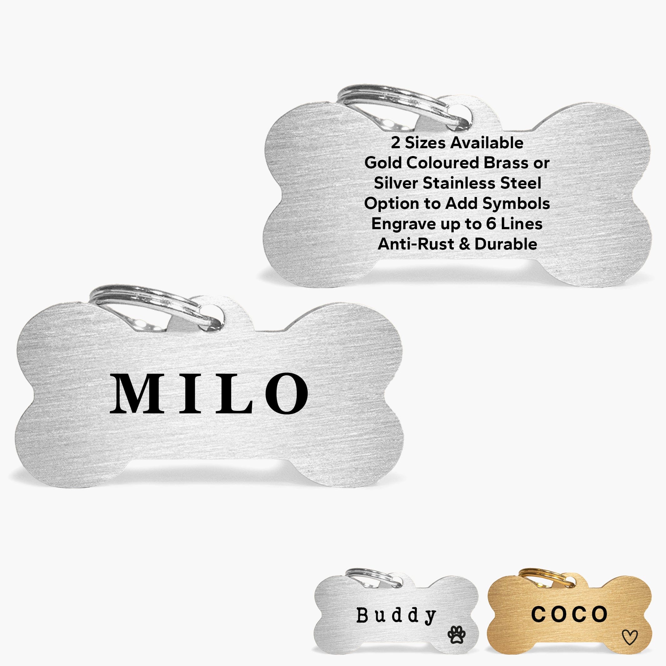Silver Stainless Steel Bone Shaped Personalised Dog Name Tag
