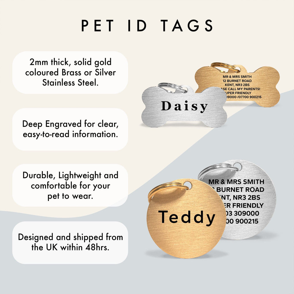Silver Stainless Steel Bone Shaped Personalised Dog Name Tag with Engraved Pet Name & Contact Info