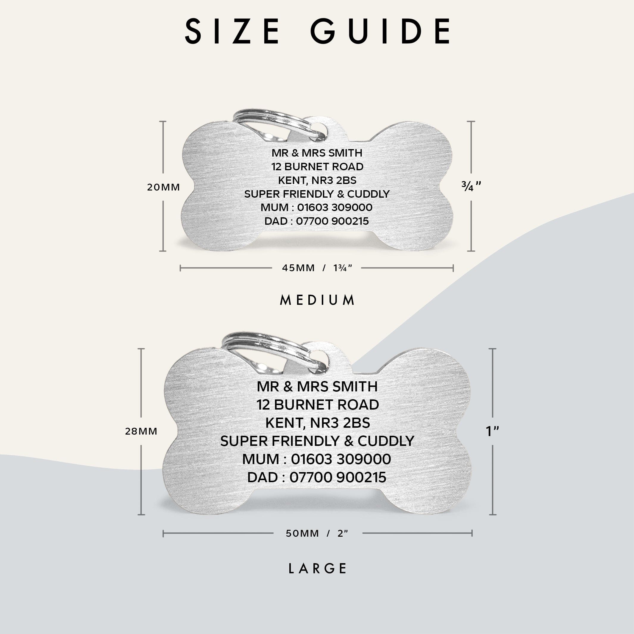 Silver Stainless Steel Bone Shaped Personalised Dog Name Tag with Engraved Pet Name & Contact Info