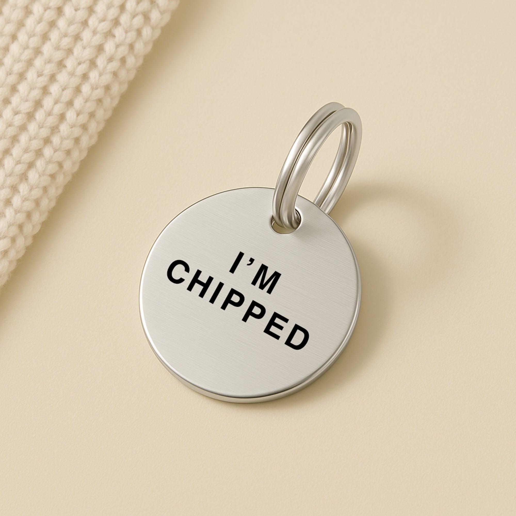 Silver Stainless Steel Dog Collar Tag with Engraved "I'm Chipped" and Custom Contact Details