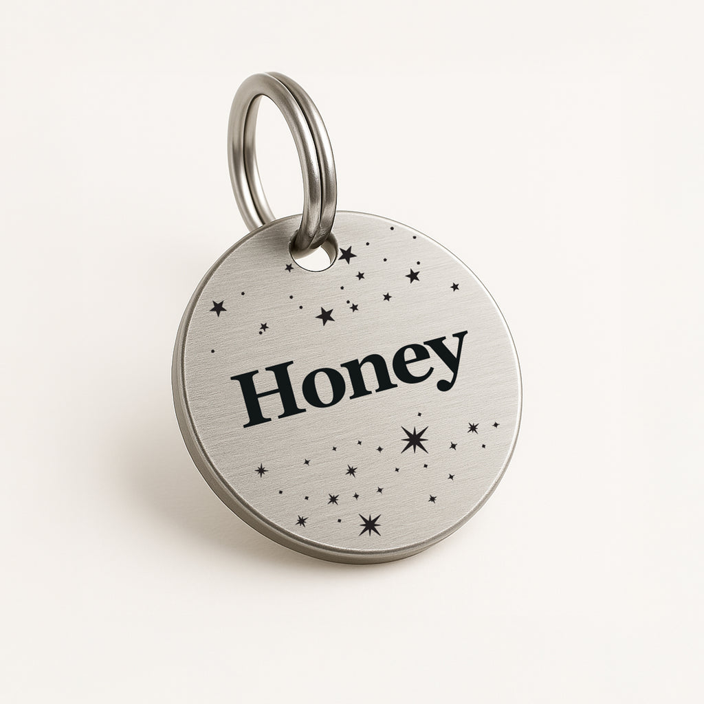 Silver Stainless Steel Personalised Dog Collar Tag with Custom Engraved Pet Name and Stars