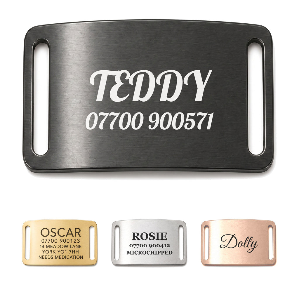 Personalised black slide-on dog tag, brushed stainless steel collar name plate, shown in all four finishes