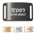 Personalised black slide-on dog tag, brushed stainless steel collar name plate, shown in all four finishes