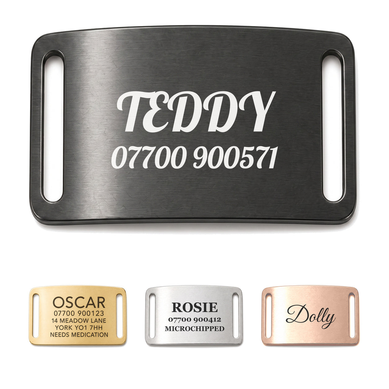 Personalised black slide-on dog tag, brushed stainless steel collar name plate, shown in all four finishes