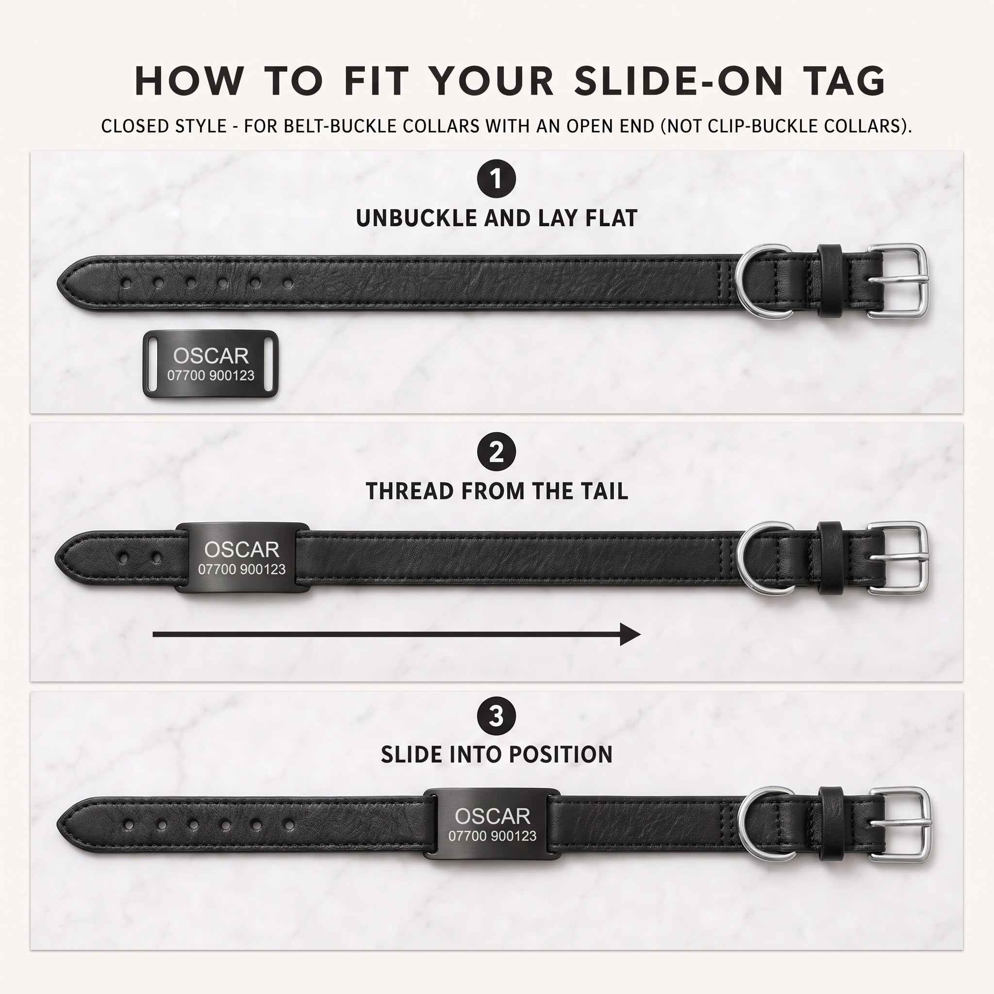 Three step guide to threading a slide-on dog tag onto a belt-buckle collar