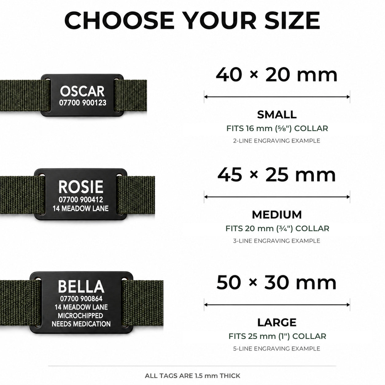 Size guide for the black slide-on dog tag, 40x20mm, 45x25mm and 50x30mm