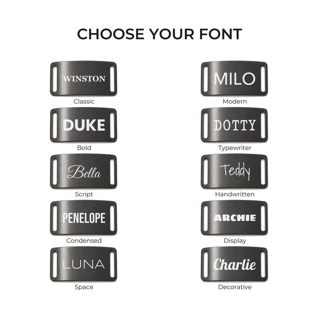 The ten engraving fonts available on the black slide-on dog tag