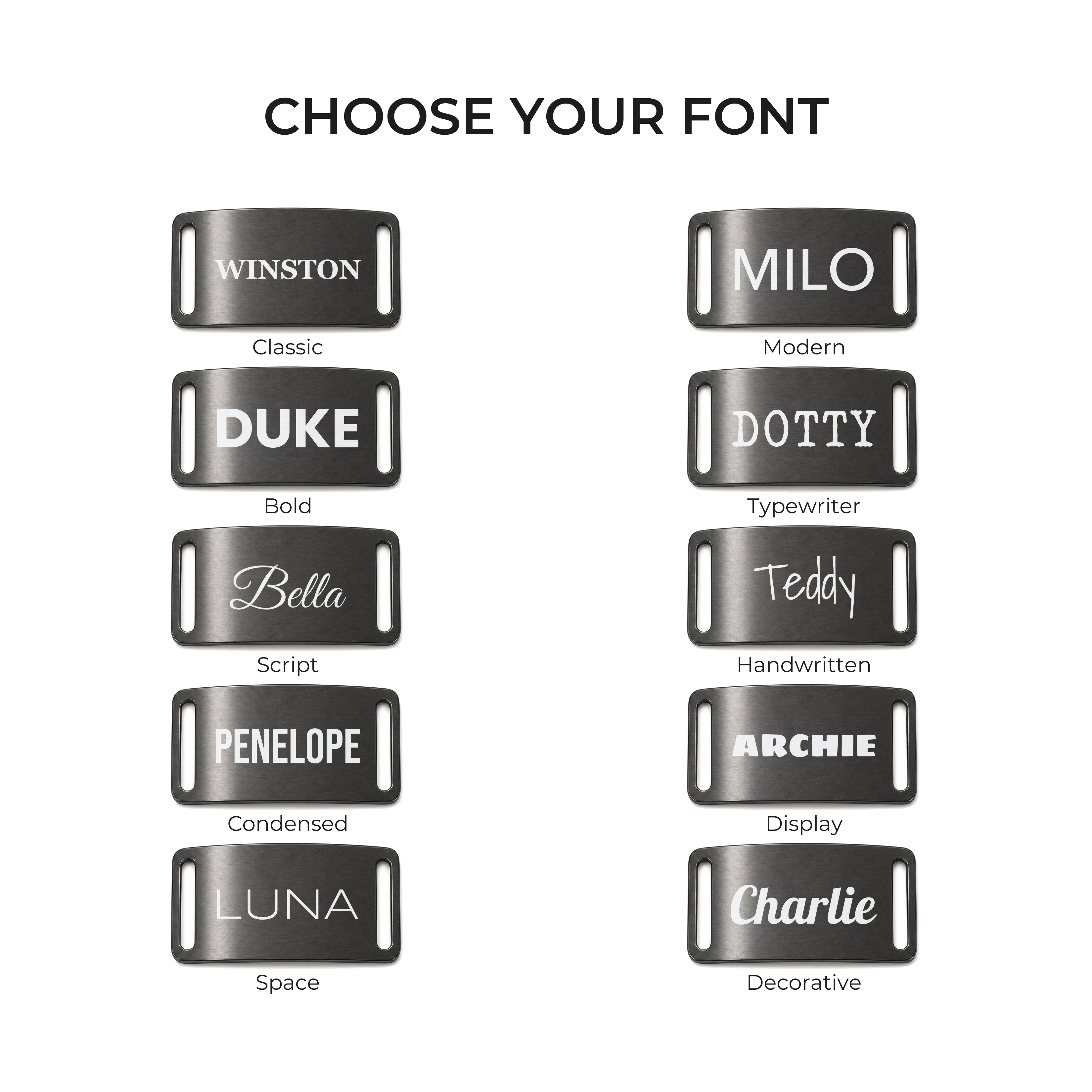 The ten engraving fonts available on the black slide-on dog tag