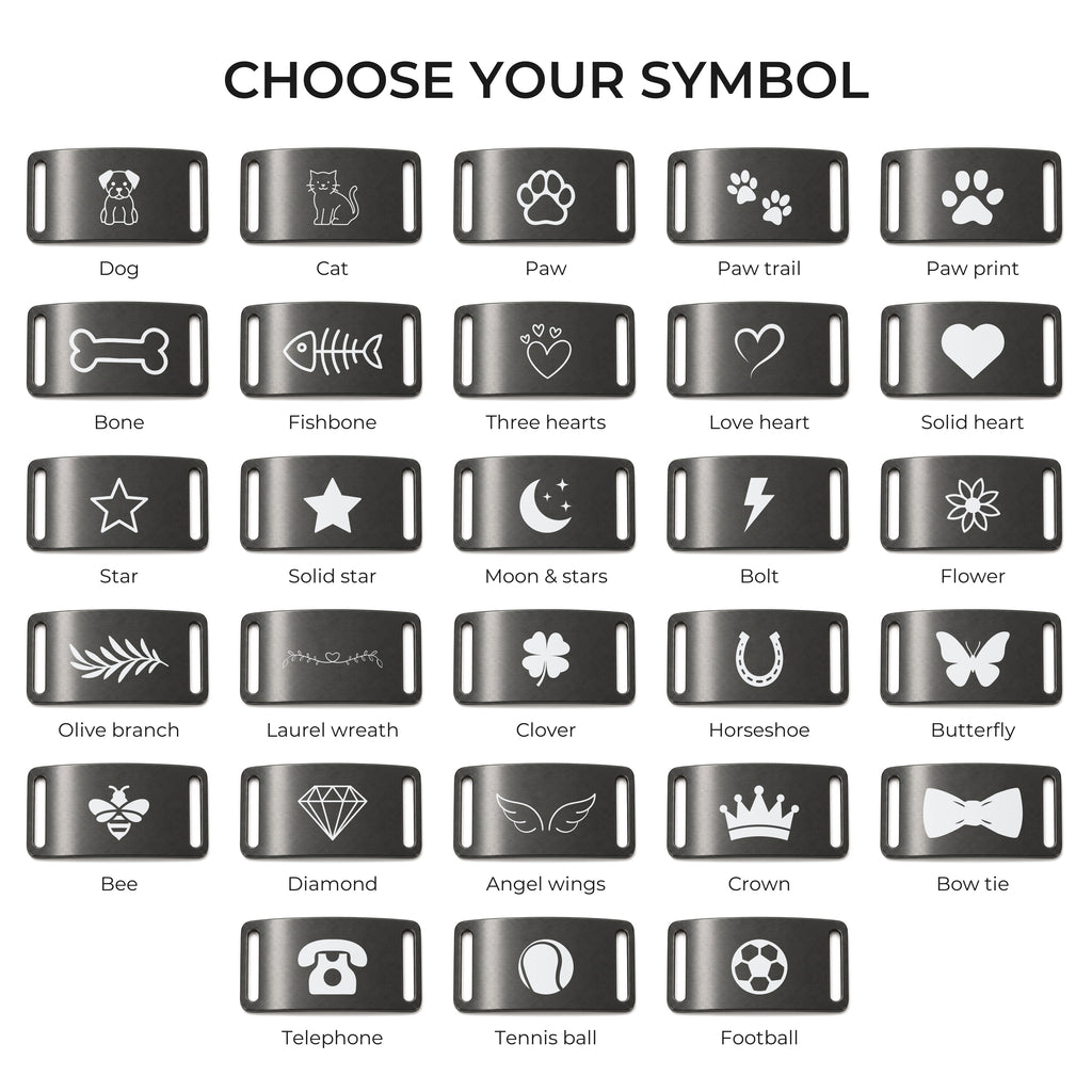 The 28 engraving symbols available on the black slide-on dog tag