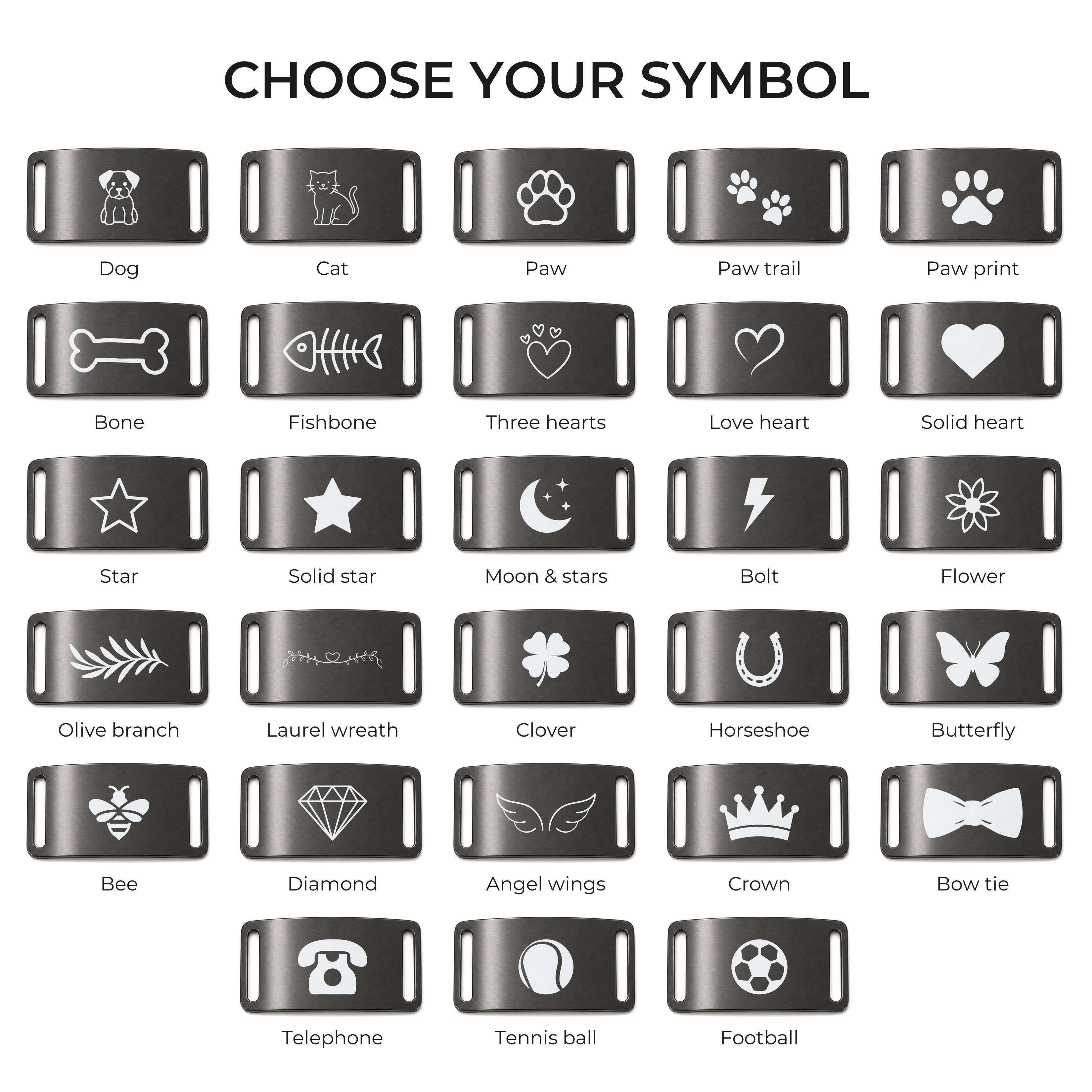 The 28 engraving symbols available on the black slide-on dog tag