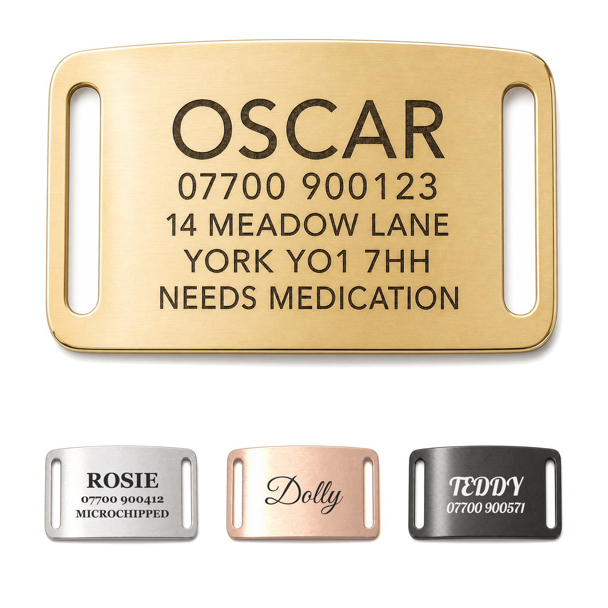 Personalised gold slide-on dog tag, brushed stainless steel collar name plate, shown in all four finishes