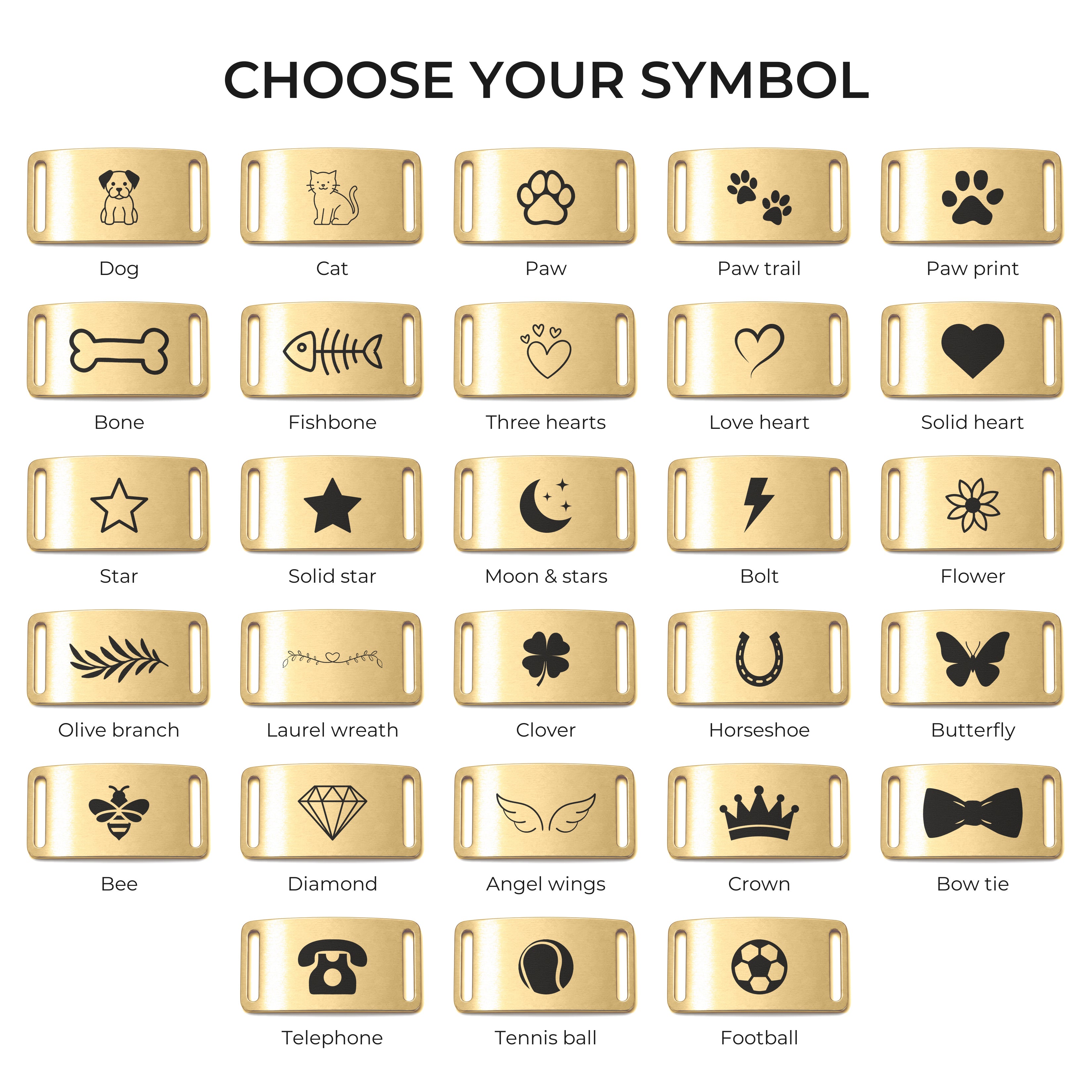 The 28 engraving symbols available on the gold slide-on dog tag