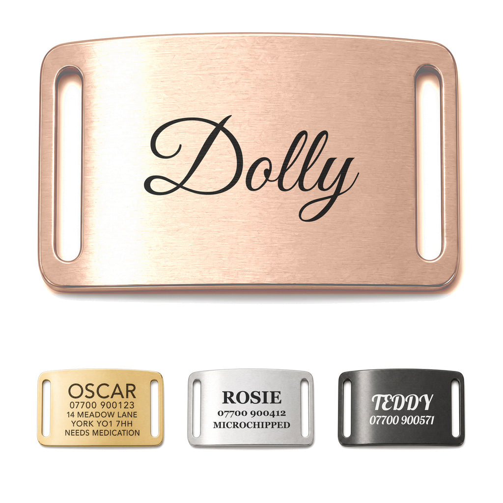 Personalised rose gold slide-on dog tag, brushed stainless steel collar name plate, shown in all four finishes