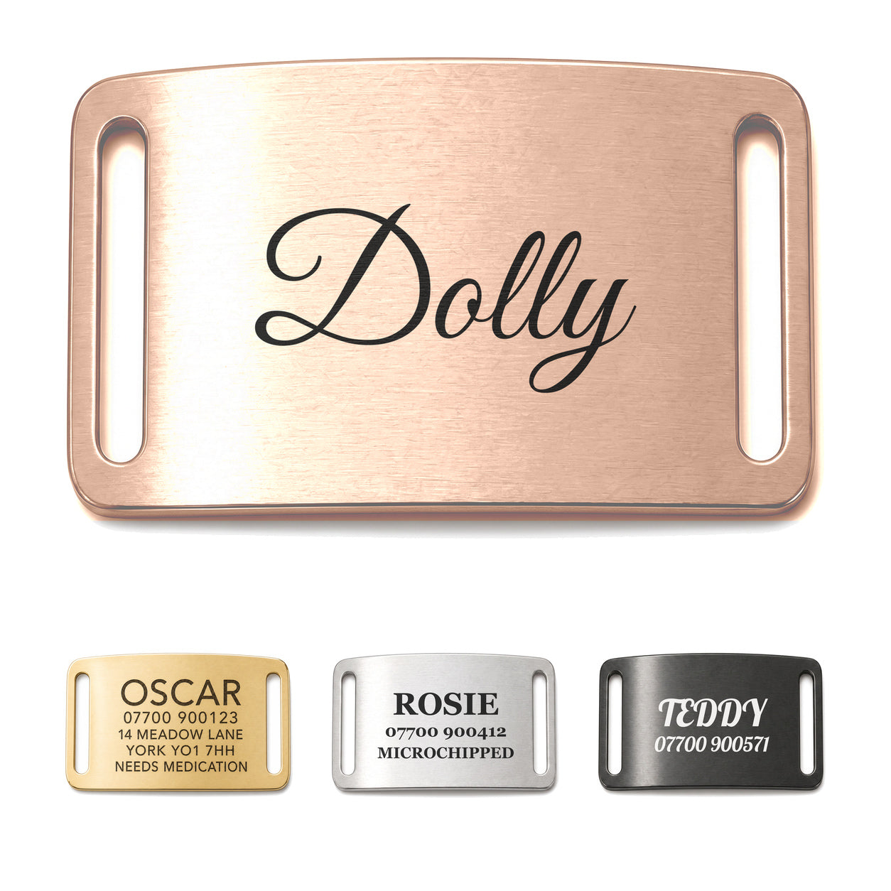 Personalised rose gold slide-on dog tag, brushed stainless steel collar name plate, shown in all four finishes