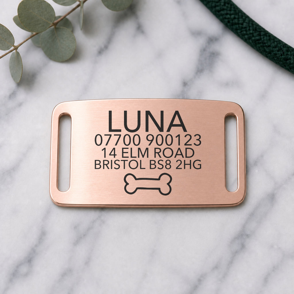 Brushed rose gold slide-on dog tag engraved with a name, styled on marble