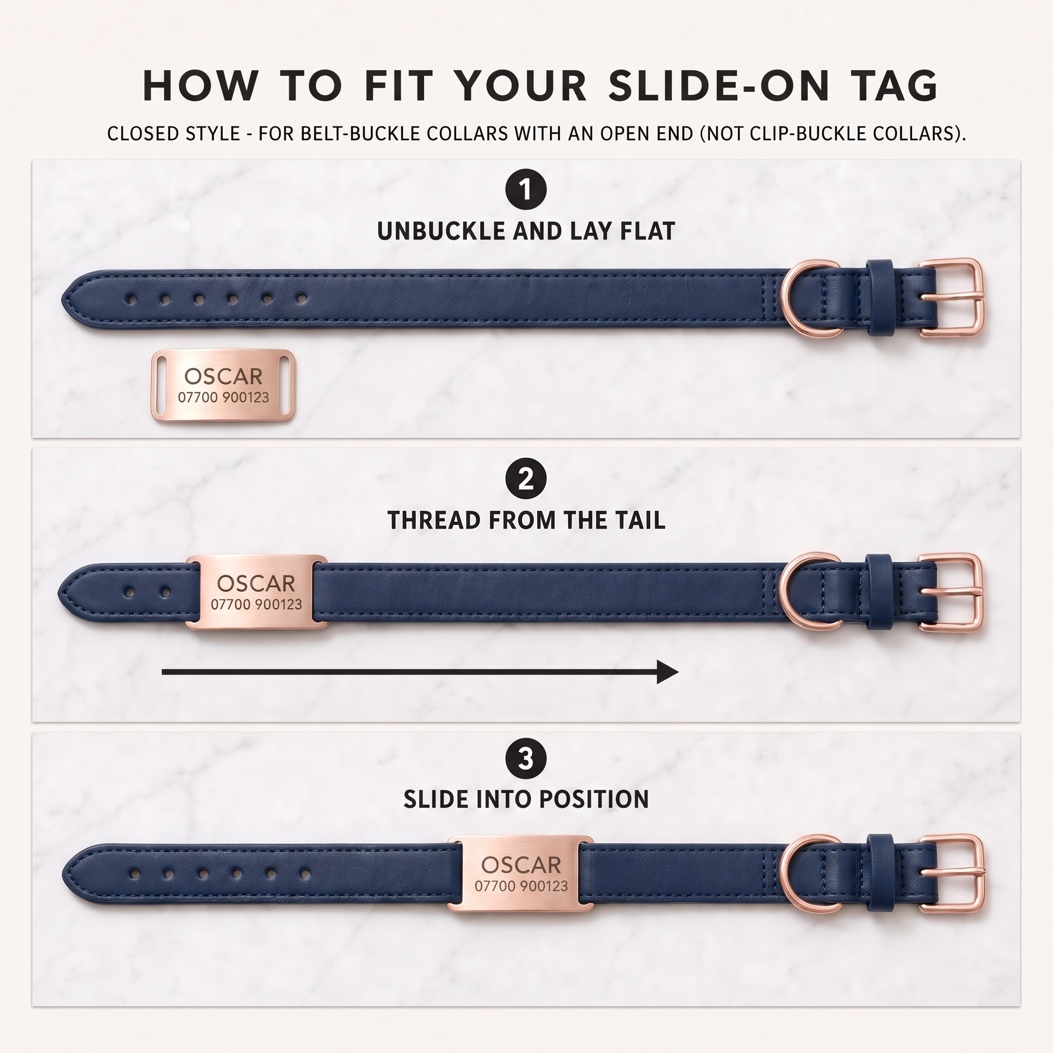 Three step guide to threading a slide-on dog tag onto a belt-buckle collar