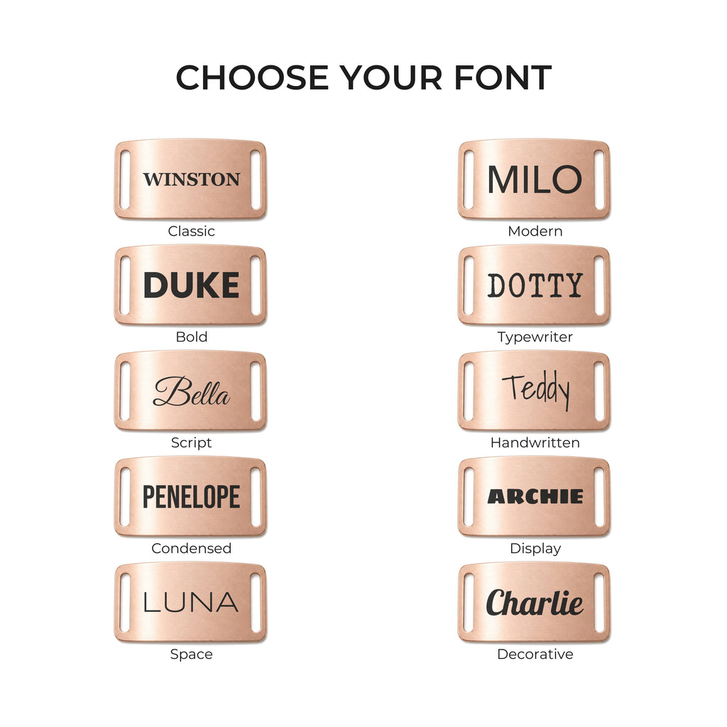 The ten engraving fonts available on the rose gold slide-on dog tag