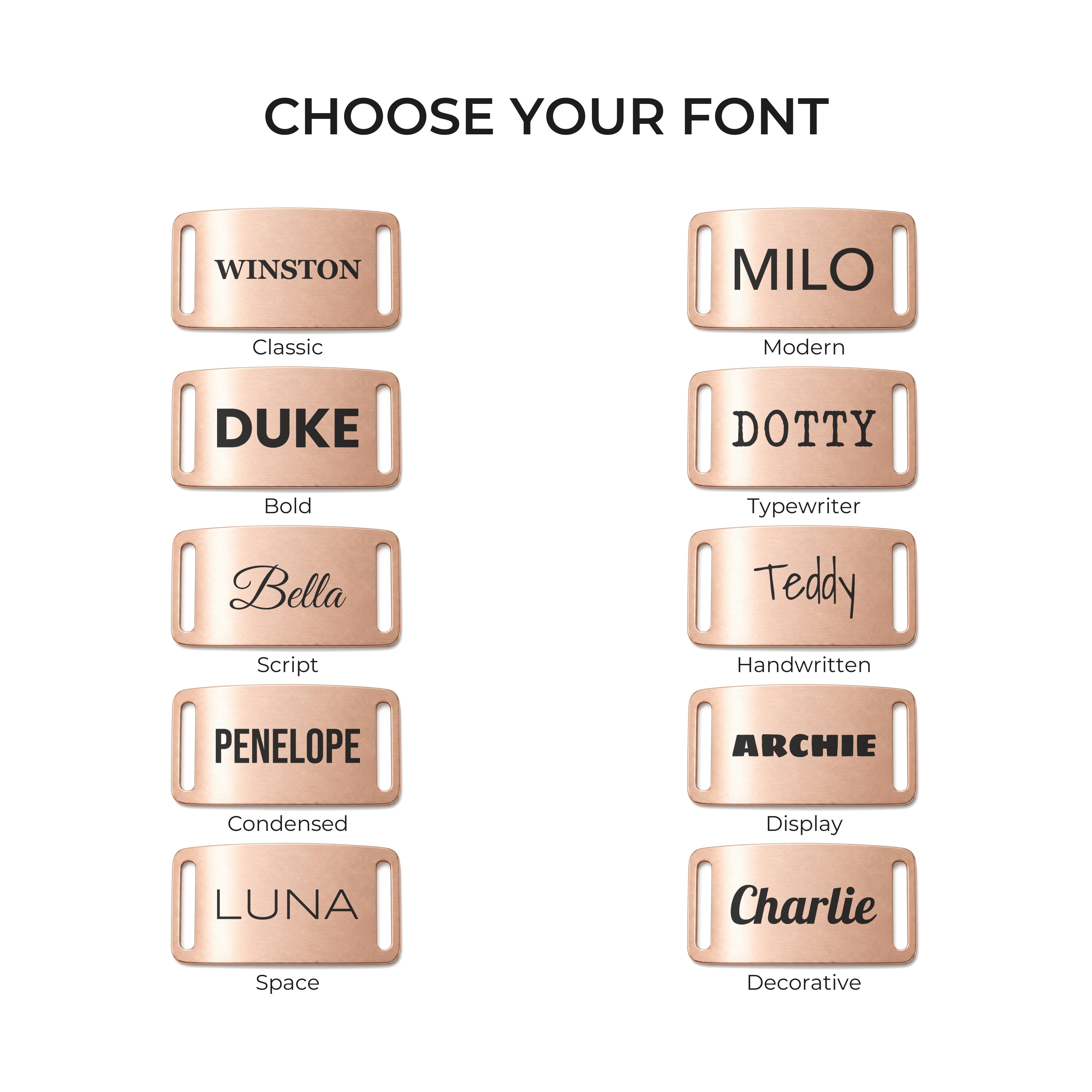 The ten engraving fonts available on the rose gold slide-on dog tag