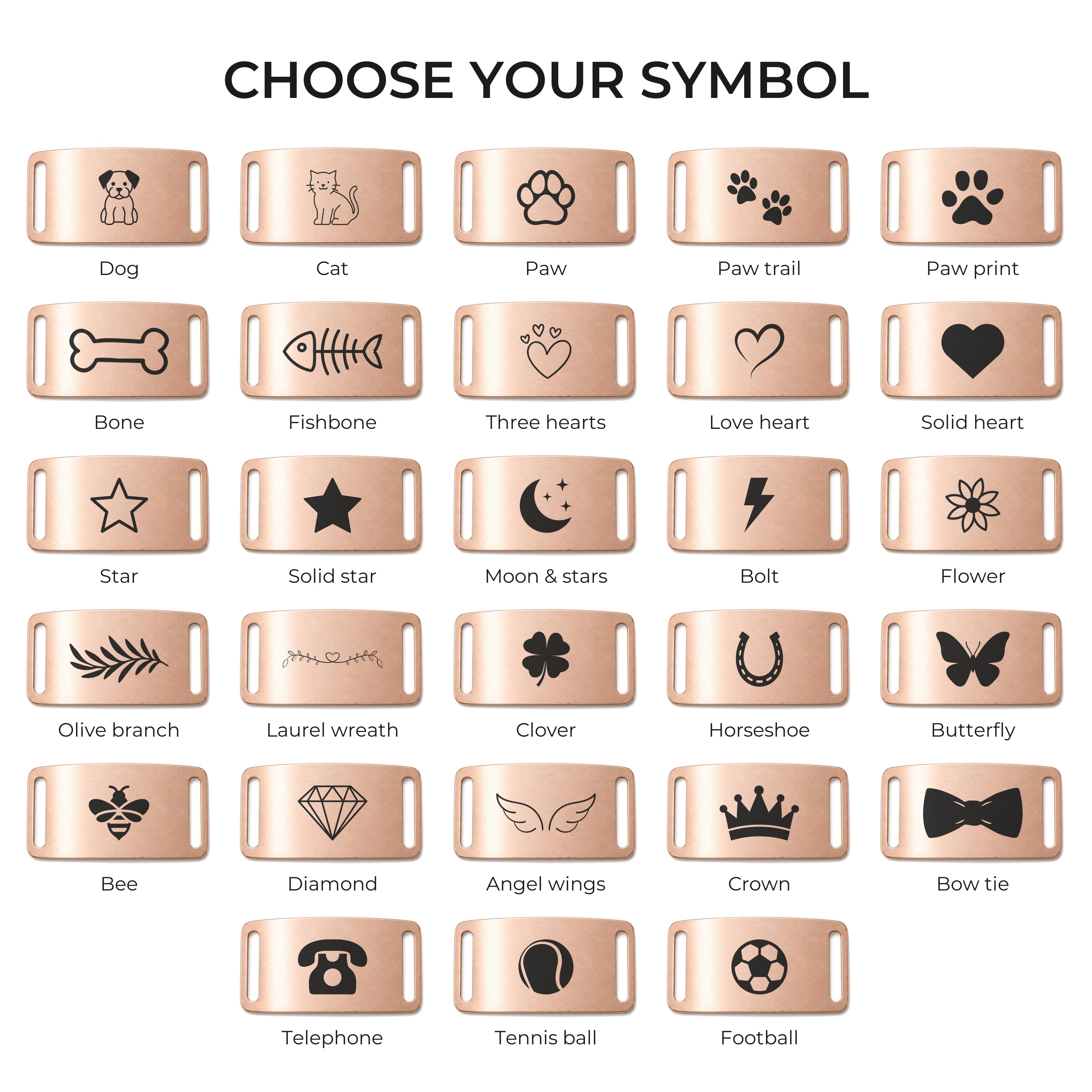 The 28 engraving symbols available on the rose gold slide-on dog tag