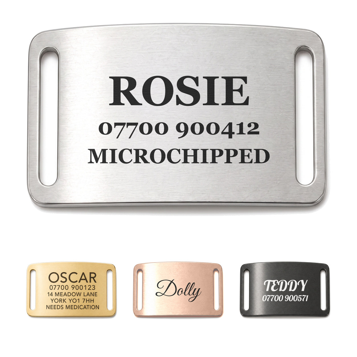 Personalised silver slide-on dog tag, brushed stainless steel collar name plate, shown in all four finishes